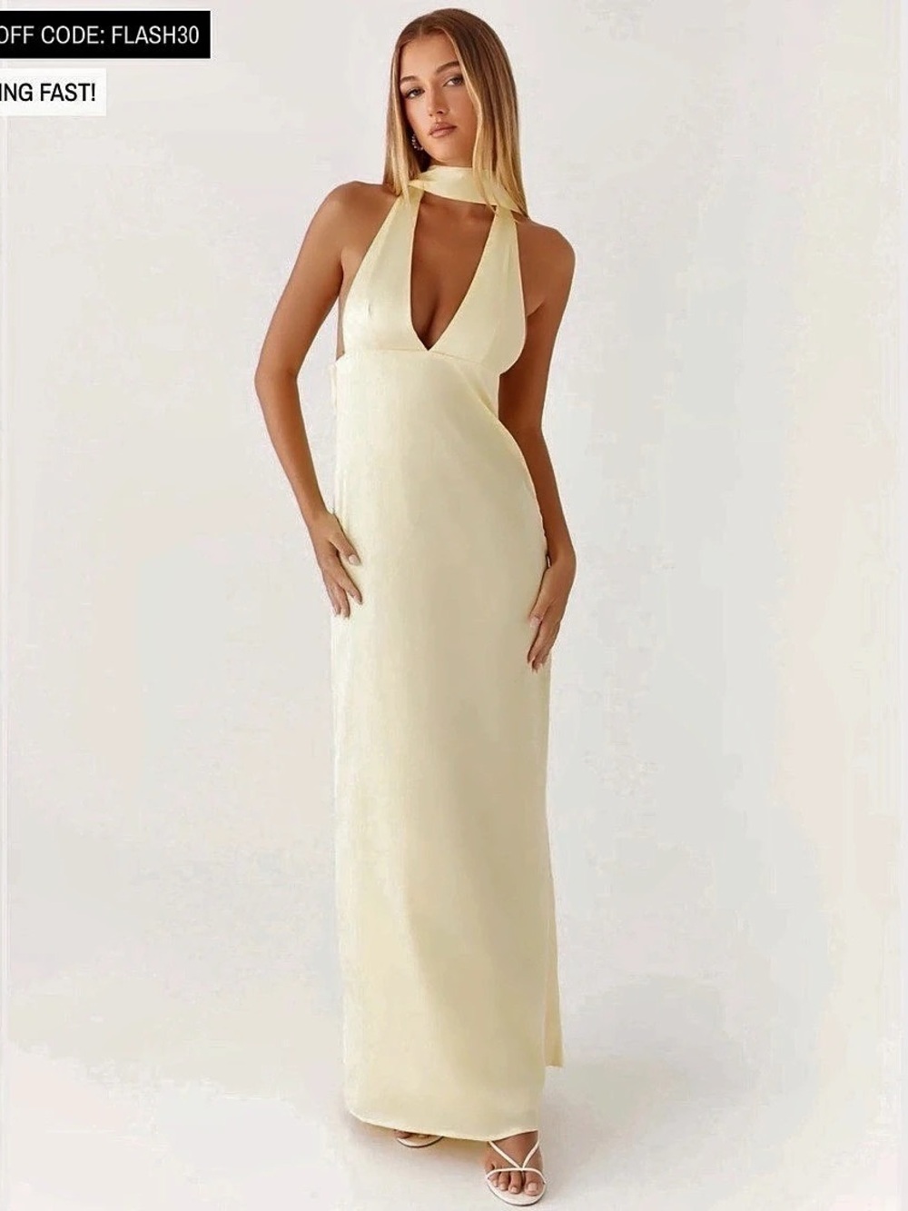 Peppermayo Alicia Satin Halter Maxi Dress Yellow - Picture 2 of 2